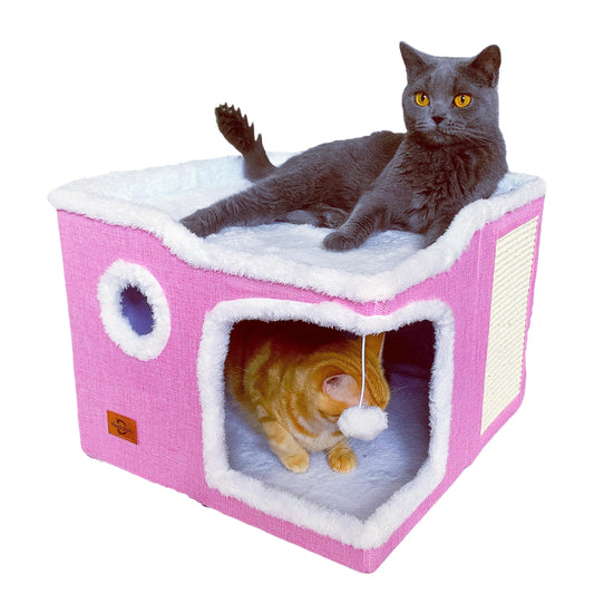 Cat Bed for Indoor CatsCovered Cat Cave House & Furniture with Scratch PadFoldable Cat Hideaway Hut Cute Cat Condo with Soft Washable Mat for Multi Small Pet Under 30 lbs Pink