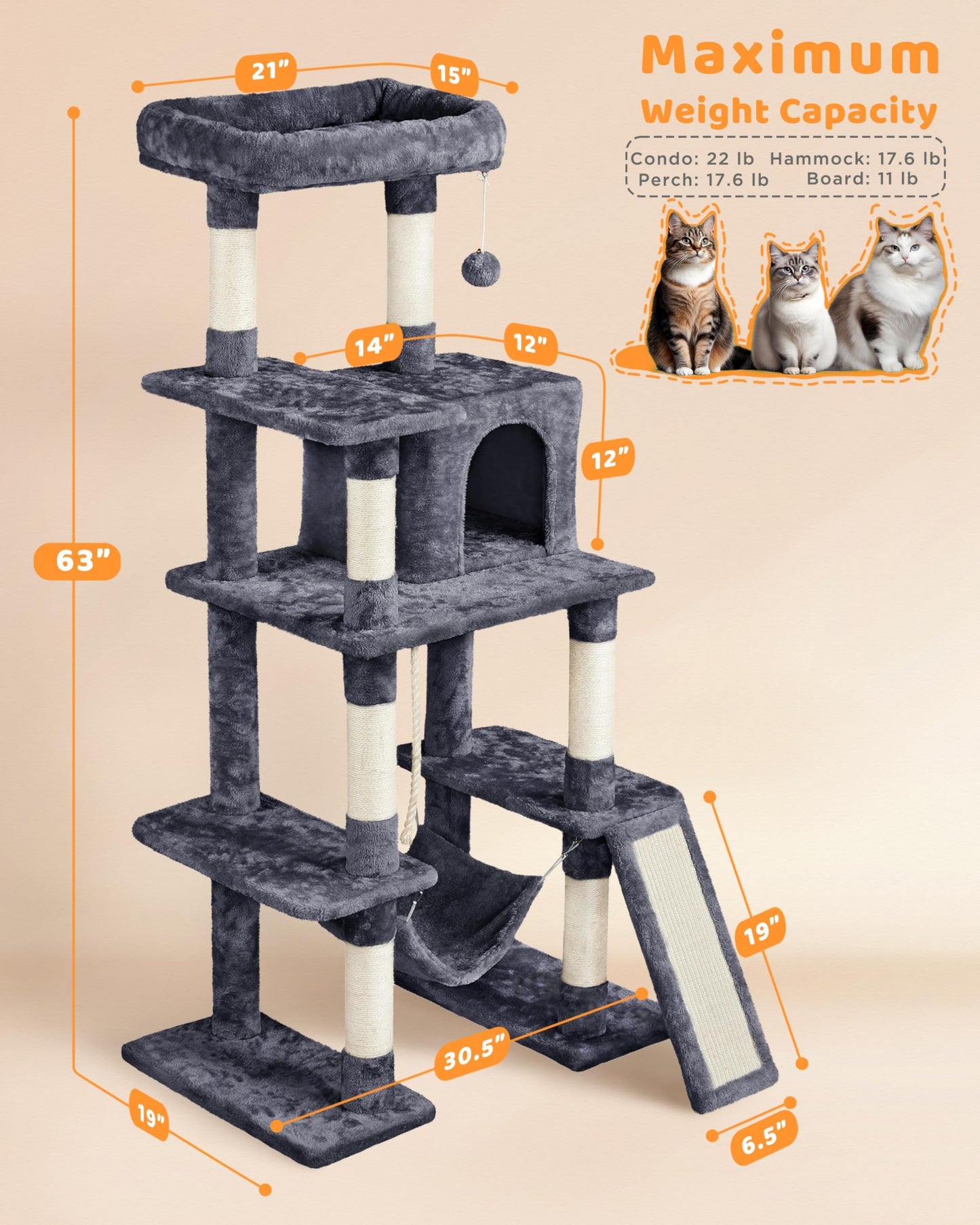 Yaheetech Cat Tree Cat Tower, 63in Multi-Level Pet Furniture for Indoor Kitten w/Sisal-Covered Scratching Posts & Condo, Activity Center for Kitty, Black