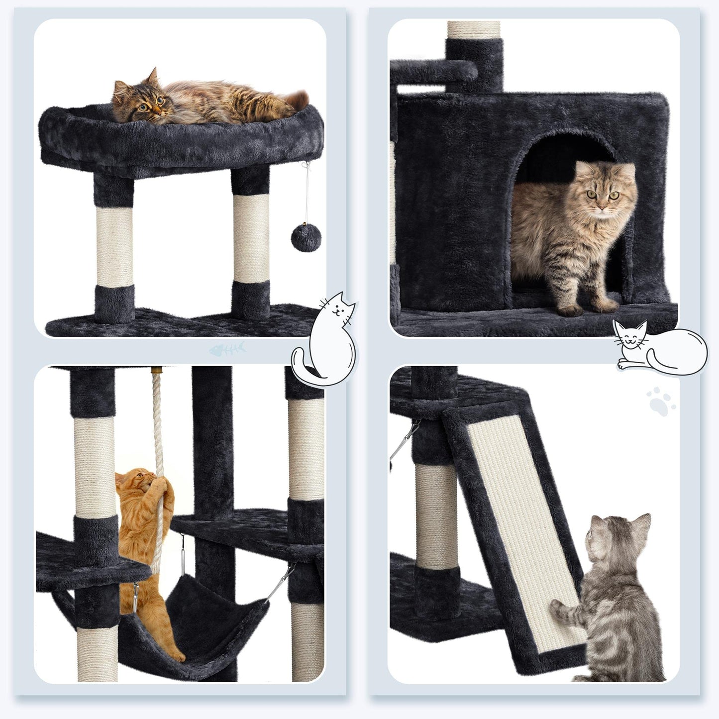 Yaheetech Cat Tree Cat Tower, 63in Multi-Level Pet Furniture for Indoor Kitten w/Sisal-Covered Scratching Posts & Condo, Activity Center for Kitty, Black