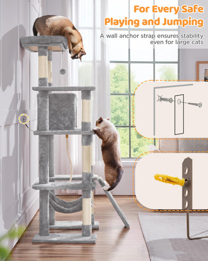 Yaheetech Cat Tree Cat Tower, 63in Multi-Level Pet Furniture for Indoor Kitten w/Sisal-Covered Scratching Posts & Condo, Activity Center for Kitty, Black