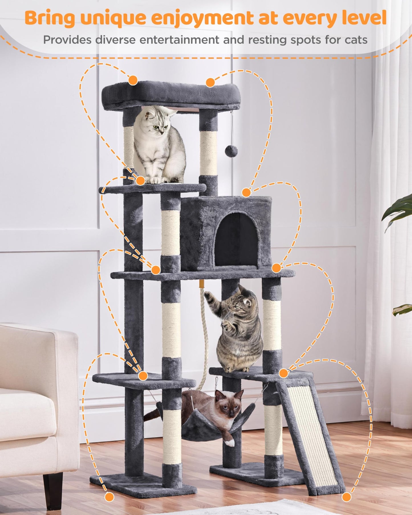 Yaheetech Cat Tree Cat Tower, 63in Multi-Level Pet Furniture for Indoor Kitten w/Sisal-Covered Scratching Posts & Condo, Activity Center for Kitty, Black
