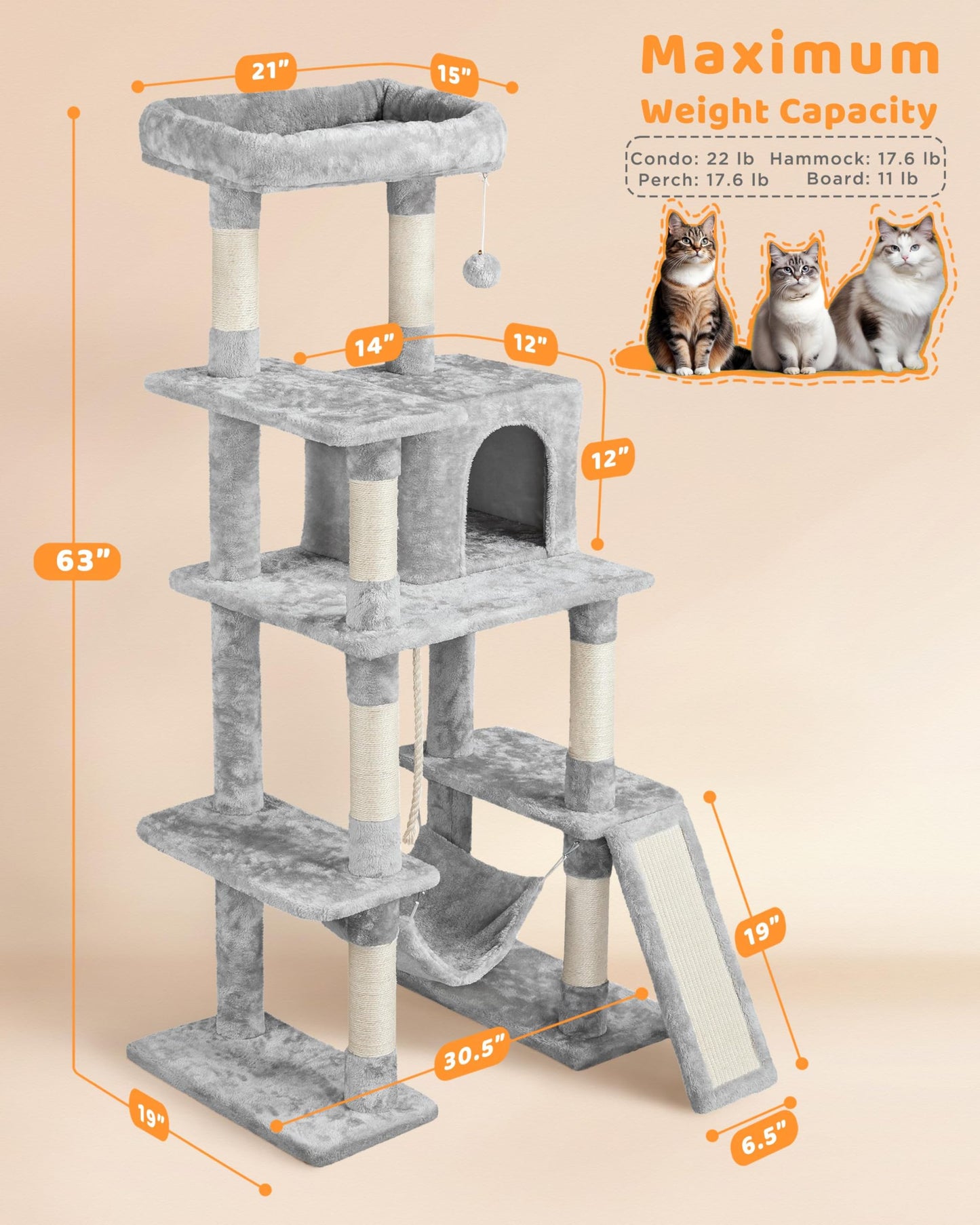 Yaheetech Cat Tree Cat Tower, 63in Multi-Level Pet Furniture for Indoor Kitten w/Sisal-Covered Scratching Posts & Condo, Activity Center for Kitty, Black