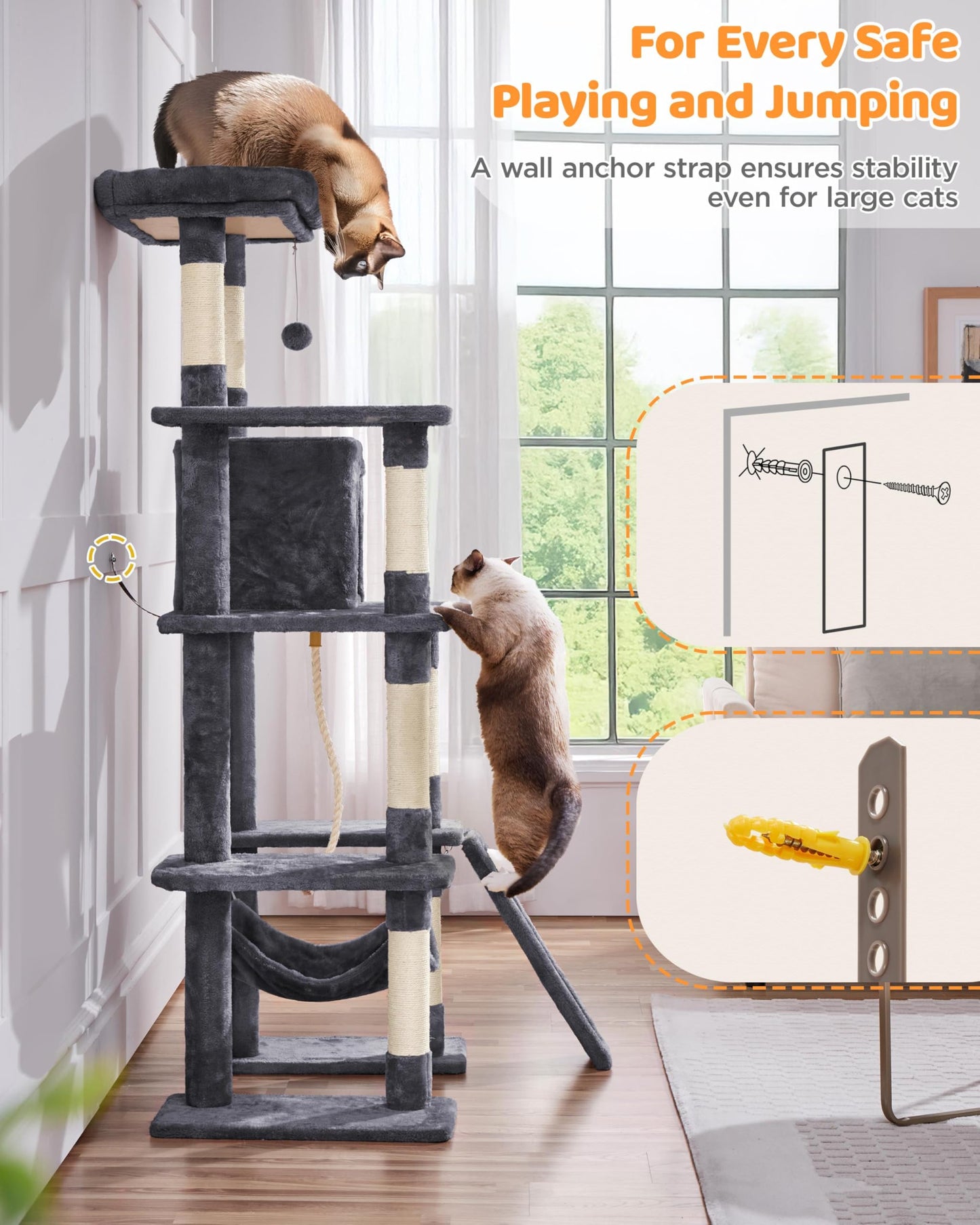Yaheetech Cat Tree Cat Tower, 63in Multi-Level Pet Furniture for Indoor Kitten w/Sisal-Covered Scratching Posts & Condo, Activity Center for Kitty, Black