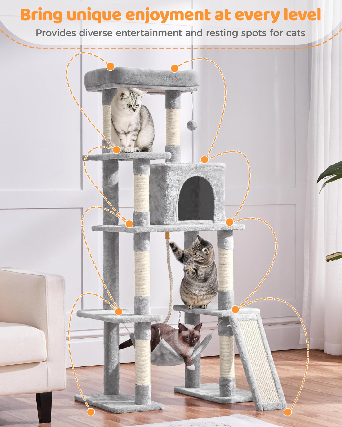 Yaheetech Cat Tree Cat Tower, 63in Multi-Level Pet Furniture for Indoor Kitten w/Sisal-Covered Scratching Posts & Condo, Activity Center for Kitty, Black