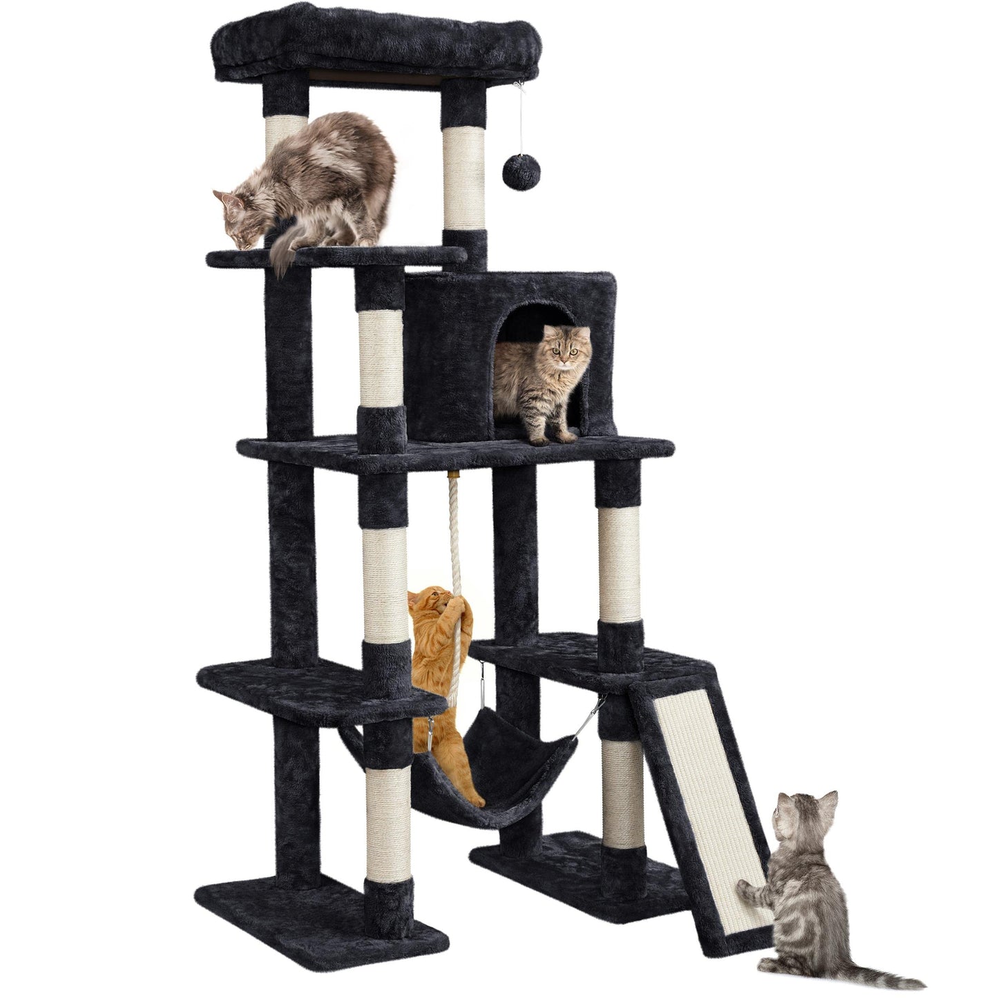 Yaheetech Cat Tree Cat Tower, 63in Multi-Level Pet Furniture for Indoor Kitten w/Sisal-Covered Scratching Posts & Condo, Activity Center for Kitty, Black