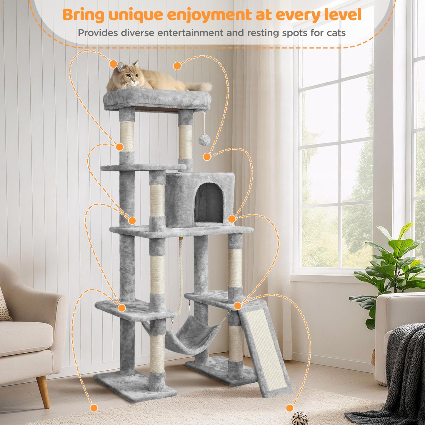 Yaheetech Cat Tree Cat Tower, 63in Multi-Level Pet Furniture for Indoor Kitten w/Sisal-Covered Scratching Posts & Condo, Activity Center for Kitty, Black