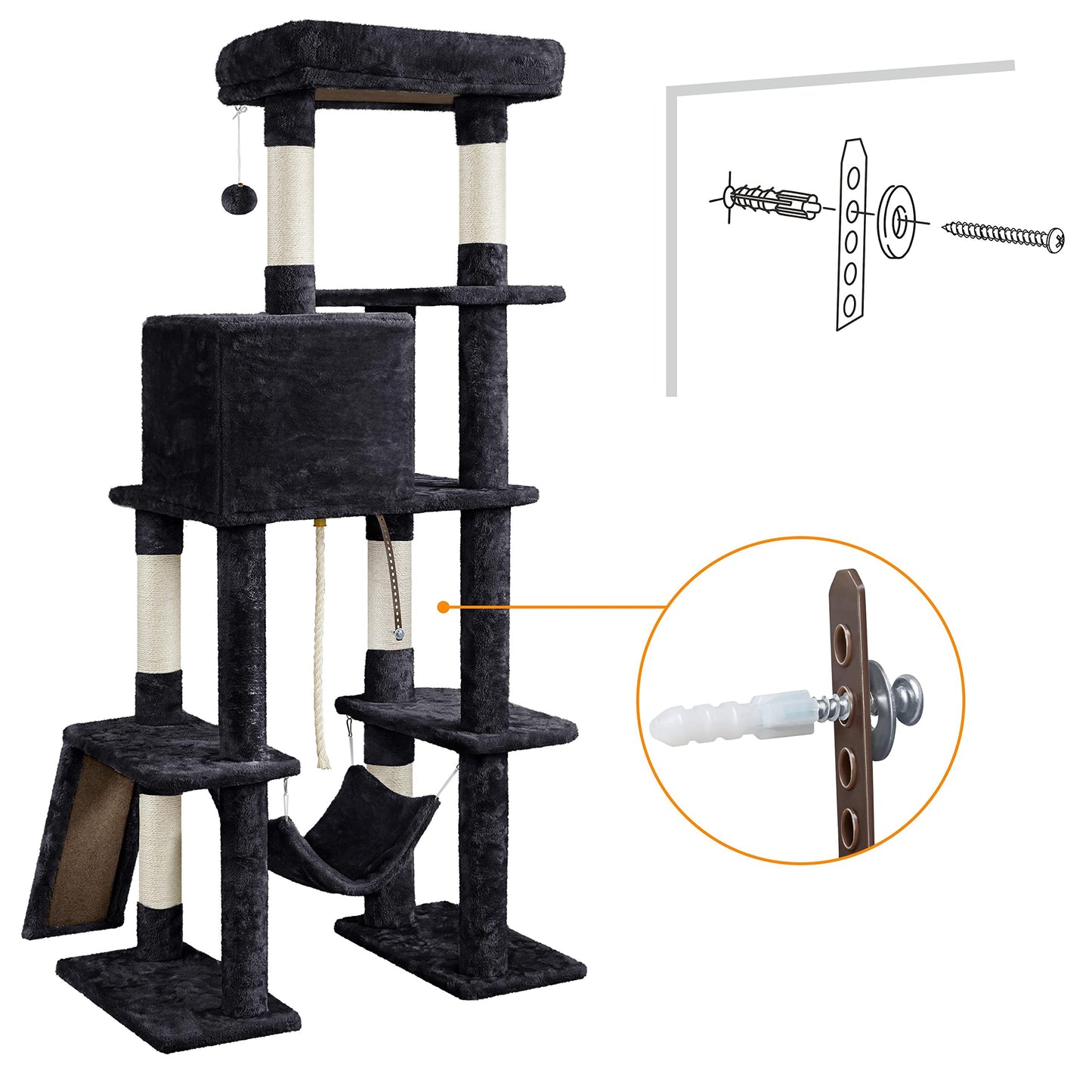 Yaheetech Cat Tree Cat Tower, 63in Multi-Level Pet Furniture for Indoor Kitten w/Sisal-Covered Scratching Posts & Condo, Activity Center for Kitty, Black