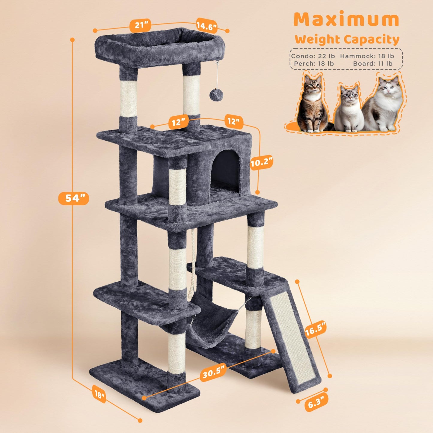Yaheetech Cat Tree Cat Tower, 63in Multi-Level Pet Furniture for Indoor Kitten w/Sisal-Covered Scratching Posts & Condo, Activity Center for Kitty, Black