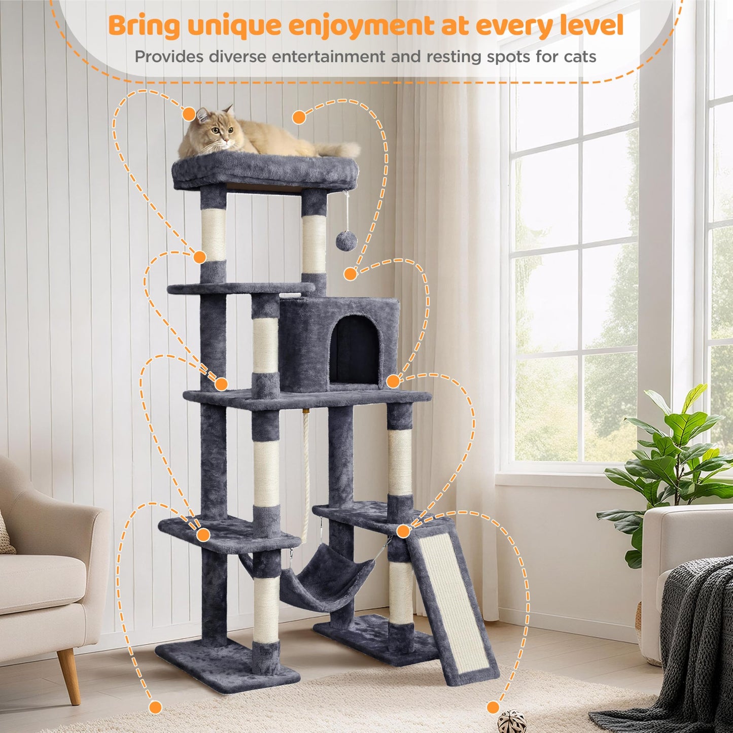 Yaheetech Cat Tree Cat Tower, 63in Multi-Level Pet Furniture for Indoor Kitten w/Sisal-Covered Scratching Posts & Condo, Activity Center for Kitty, Black