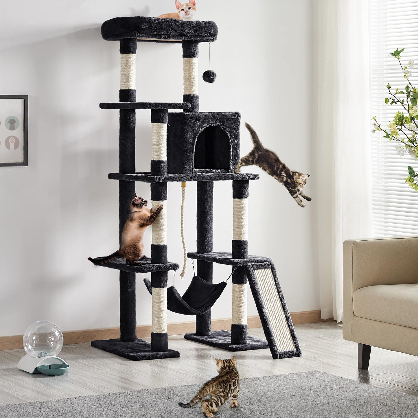Yaheetech Cat Tree Cat Tower, 63in Multi-Level Pet Furniture for Indoor Kitten w/Sisal-Covered Scratching Posts & Condo, Activity Center for Kitty, Black