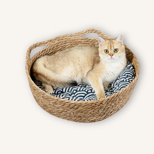 BubuKuku Woven Cat Bed for Indoor CatStraw Cat Nest- Wicker Bed for Cat/Dog/Pet with Cushion Pillow and Bamboo Mat - Handmade Cat House - Large Cat Basket Bed Rattan Cat Bed