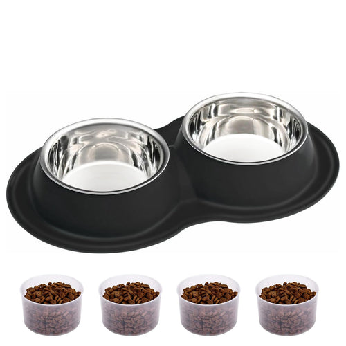 AIANDE Dog Bowls Extra Large Dog Bowl Set with Mat Black Double Stainless Steel Dog Food Bowl for Medium Large Dogs Pet Bowls for Food and Water No-Slip Silicone Rubber Mat 4 Cup Pet Food Bowls